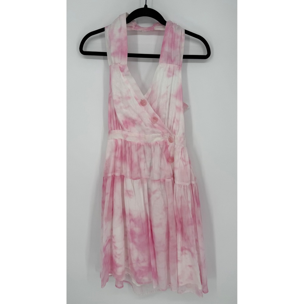 MAX & MOI PARIS PINK WHITE TIE DYE WRAP HALTER TOP MINI DRESS SMALL SIZE 36 NWT
